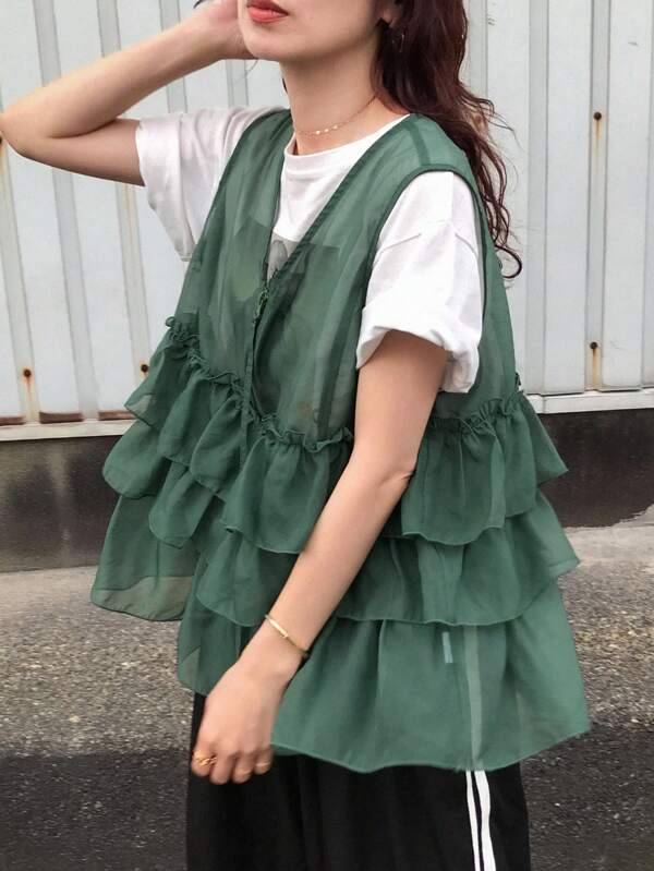FRIFUL 女士纯色绿色荷叶边多层宽松休闲百搭衬衫，女士海滩度假服装