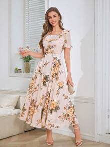 Modelyn Ruffle Hem Printed Fitted Chiffon Dress - Apricot - View 5