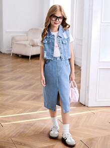 Summer Outfit For Tween Girls Personalized Casual Comfortable Vacation Fashion Street Casual Washed Soft Distressed Sleeveless Top And Split Hem Loose Skirt Set - Medium Wash - View 3