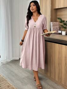Weeklong Plus Size Women Solid Color V-Neck Puff Sleeve Mini Dress For Vacation - Mauve Purple - View 5