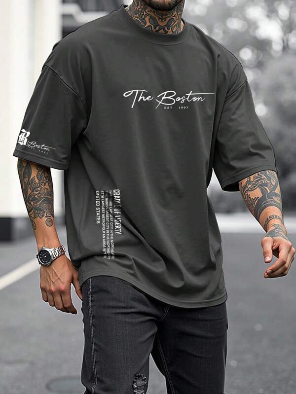 Manfinity LEGND Plus Size Men's Letter Print Round Neck Casual Summer Short Sleeve T-Shirt