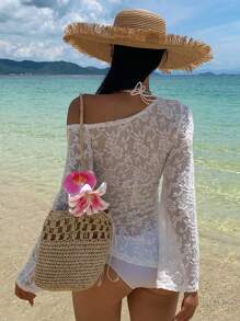 DAZY 新款春夏不对称肩部甜美休闲海滩度假不对称上衣女士上衣 - 白色 - 查看 6