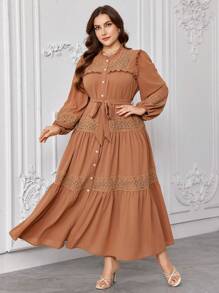 Graceveil Plus Size Long Sleeve Solid Color Ruffle Hem Arabic Style Dress Fall Cloth For Women - Khaki - View 4