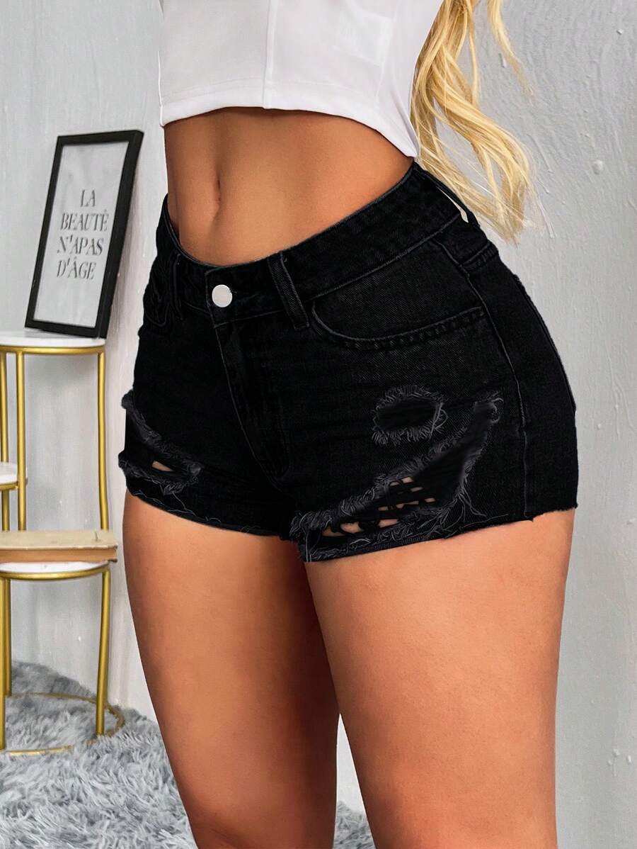 SHEIN Tall 女式口袋破洞紧身休闲牛仔短裤，百搭 - 黑色 - 查看 1