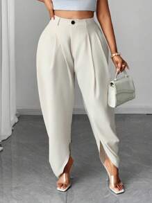 Plus Size Fashionable Pleated Apricot Pocket Maxi Pants - Apricot - View 1