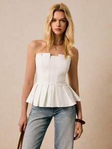 Poéselle Top corto con pliegues bandeau de unicolor para mujer, ajustado y con estilo - Blanco - Ver 1