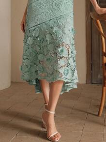 Anewsta Women's Elegant Round Neck Lace Hollow-Out Splice Dress, Spring & Summer - Mint Green - View 7