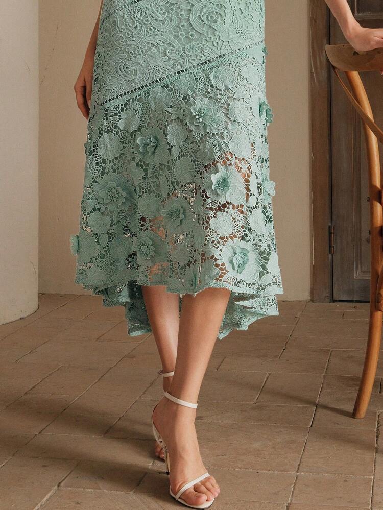 Women's Elegant Round Neck Lace Hollow-Out Patchwork Dress, Spring/Summer Sleeveless Dress Turquoise Dress Women Wedding Guest Elegant Lace Dress