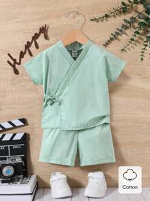2 件套男婴绿色短袖衬衫和绿色短裤套装，面料柔软舒适，适合日常休闲穿着、度假、郊游、上学、聚会、春夏 - 綠色 - 查看 3