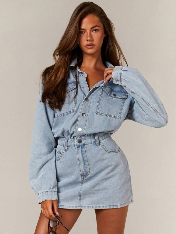 Athîral Rochie de damă din denim, cu mânecă lungă și buzunar simplu
