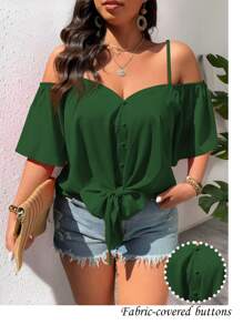 SHEIN LUNE Camisa de estilo retro con hombros descubiertos y nudo delantero, en unicolor, de moda y casual, talla grande - Verde Oscuro - Ver 1