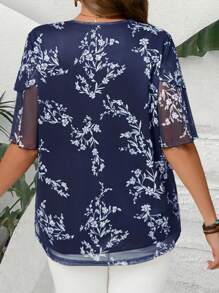 EMERY ROSE Plus Size Women V Neck Short Sleeve Floral Print Ruffle Sleeve Tunic Blouse,Summer Holiday,Vacation,Simple And Fashionable For Everyday Wear,Teacher - Navy Blue - View 2