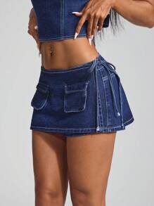 SHEIN ICON Women's Low-Rise Denim Mini Skirt Shorts - Dark Wash - View 6
