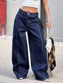 EURMUSE Jean femme taille basse, ample et ample en denim brut - Jean brut - Voir 3