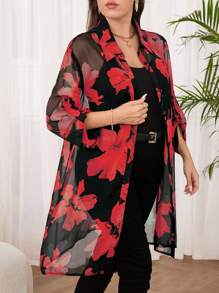 Reflora 大码女式花卉印花荷叶边袖长衬衫，休闲/度假风格