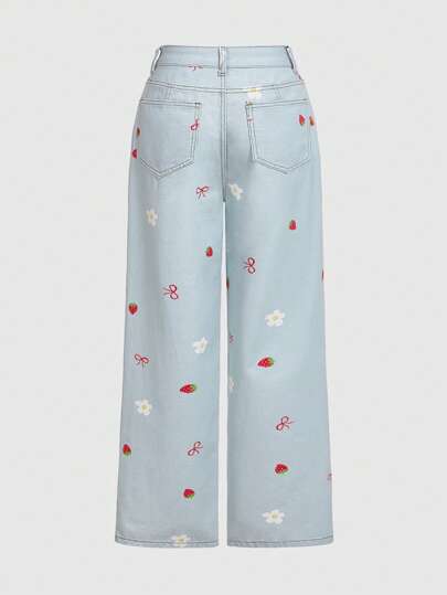 Kawaii Jeans de talla grande para mujeres con moño de flores de fresa