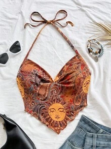 Soleia Women's Retro Paisley Retro Print Draped Neck Blouse, Suitable For Holiday, Date, Afternoon Tea, Beach, Cruise, Road Trip, Music Festival, Boho Vacation Beachwear Top - Brown - View 5