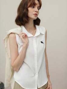 EMERY ROSE 女式前扣无袖印花休闲衬衫，适合日常穿着 - 白色 - 查看 3