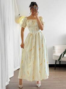 Modelyn Square Neck Digital Print Puff Sleeve Waistline Flared Hem Long Dress For Women - Multicolor - View 6