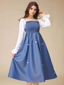 年轻人3D蝴蝶结装饰迷你连衣裙，适合派对和节日，秋季