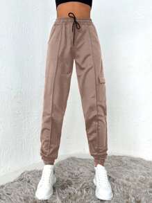 Cottnline Women's High Waist Drawstring Tapered Leg Cotton Sweatpants - Camel - View 4