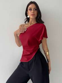 Firerie Women Modest Asymmetrical Neck Blouse, Casual Elegant Office And Wedding Guest, Spring/Summer, Asymmetric Ruched Hem Textured Fabric Red Top - Burgundy - View 7