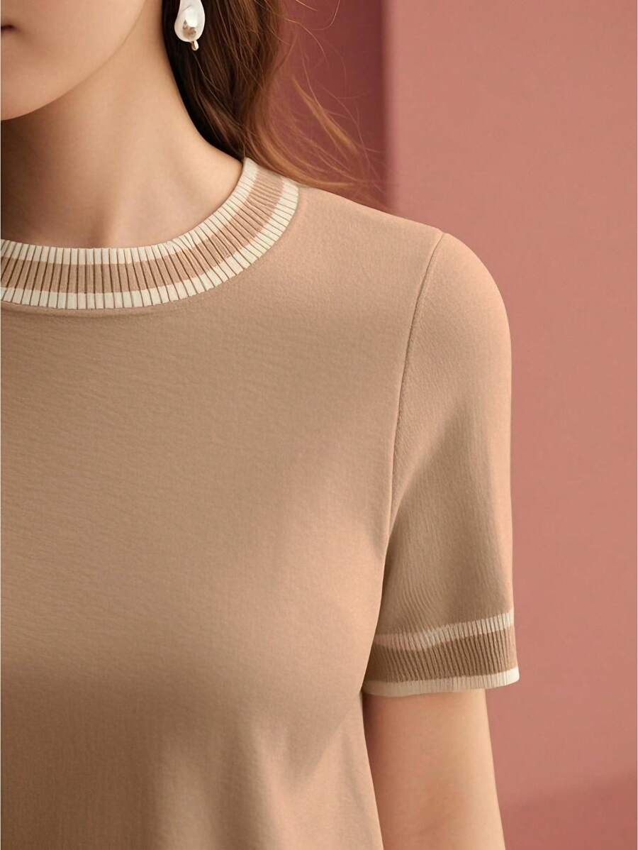 MOTF PREMIUM CONTRAST TRIM SHORT SLEEVE KNIT TOP KNIT PULLOVER FALL WINTER - Camel - View 2