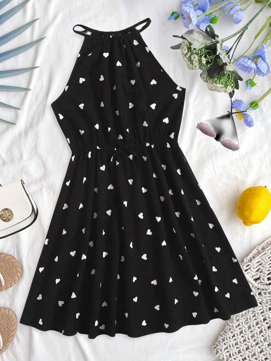 SHEIN 青少年女孩滿版心形印花洋裝