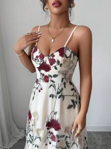 Elenzga 女士夏季度假连衣裙，网眼刺绣细肩带露背花卉印花无袖连衣裙 - 杏色 - 查看 1