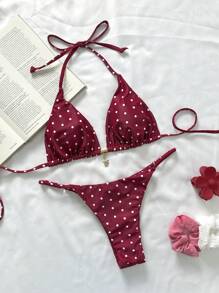 Elavelle Springbreak 女式波尔卡圆点随机印花金属装饰细肩带性感比基尼泳装套装，夏季沙滩装 - 彩色 - 查看 5