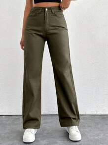 EURMUSE Ladies' Solid Color Straight Leg Denim Pants - Khaki - View 5