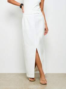AiiRZ Front Slit Maxi Skirt Chic Resort Wear High Waist Long Elegant Beachwear Vacation Dinner Evening Occasion - White - View 1