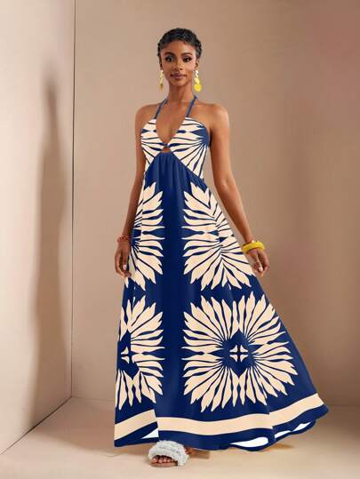 Zivah Women's Casual Loose Sleeveless Deep V-Neck High Slit Maxi Dress With Drawstring, Suitable For Summer, Blue & Apricot Color