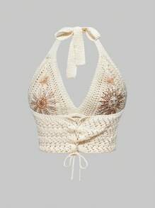 ROMWE Hippie Women's Bohemian Embroidered Top With Moon And Star Pattern - Apricot - View 2