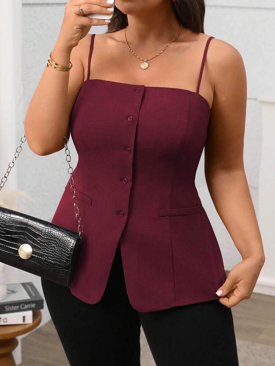 Vionelle 女式法式优雅通勤下午茶派对前扣下摆开叉吊带背心，春夏季 - 紫紅色 - 查看 1