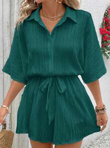 SHEIN VCAY Plus Size Women Solid Color Batwing Sleeve Casual Romper, Summer