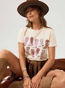 Wildy Maglietta casual da donna aderente, semplice e minimal, stampa stivali western, collo tondo, manica corta, in mescola di cotone, adatta per l'estate