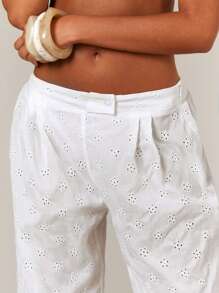 Athîral 女士纯色褶皱镂空刺绣休闲百搭裤 - 白色 - 查看 4