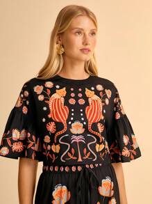 CAJUNI 女式荷叶边度假印花衬衫 - 黑色 - 查看 5