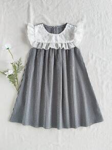 SHEIN Vintaside Kids 少女甜美格纹荷叶边领无袖公主裙，夏季 - 黑與白 - 查看 3