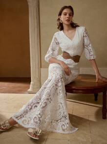 MOTF PREMIUM LACE BELTED DRESS - White - View 1