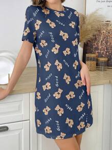 女士小熊字母印花圆领短袖睡裙，哞哞睡衣 - 彩色 - 查看 5