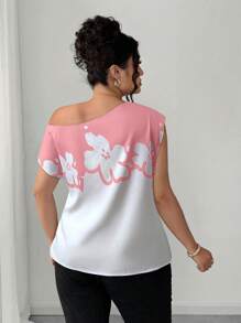 Elenzga Plus Size Asymmetric Collar Ruched Print Short Sleeve Blouse, Summer - Pink - View 5