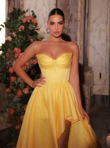 Glamrae Elegante e lussuoso abito da sera lungofatto di raso con arricciature e balze, senza spalline, con spacco, adatto per matrimoni, eventi, feste, vacanze, balli, occasioni formali (design robusto), abito da festa, vestito da sera, per eventi, invitati di matrimonio
