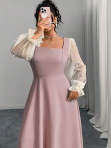 Modelyn Plus Size Color Block Mesh Panel Crew Neck Bow Knot Elegant Long Sleeve Dress Fall Cloth For Women - Pink - View 5