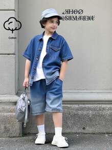 Tween Bos Denim Two Pieces Outfits Set - Medium Wash - View 3