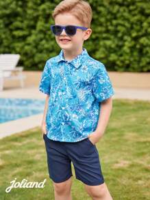 Joliand 1 pieza Camisa de manga corta con estampado de piña floral azul casual y elegante para vacaciones en la ciudad, adecuada para ocio, uso diario, viajes, hogar, playa, verano para niños pequeños