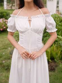 Modelyn Women's Solid Color Off-Shoulder Flounce Hem Short Sleeve Elegant Dress - White - View 6