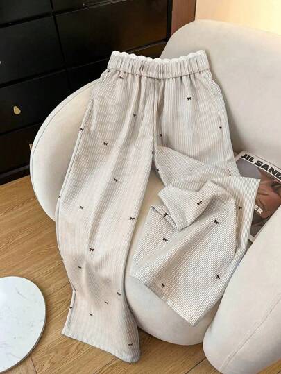 GlowEve Pantalon droit à jambes larges, taille en dentelle rayée avec nœud papillon, décontracté et ample pour femmes, vêtement d'automne