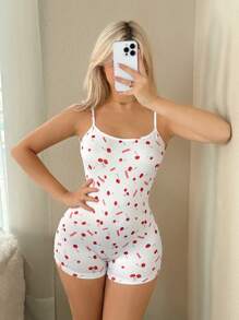 Sweetina Cute Cherry Print Backless Bodysuit - White - View 3